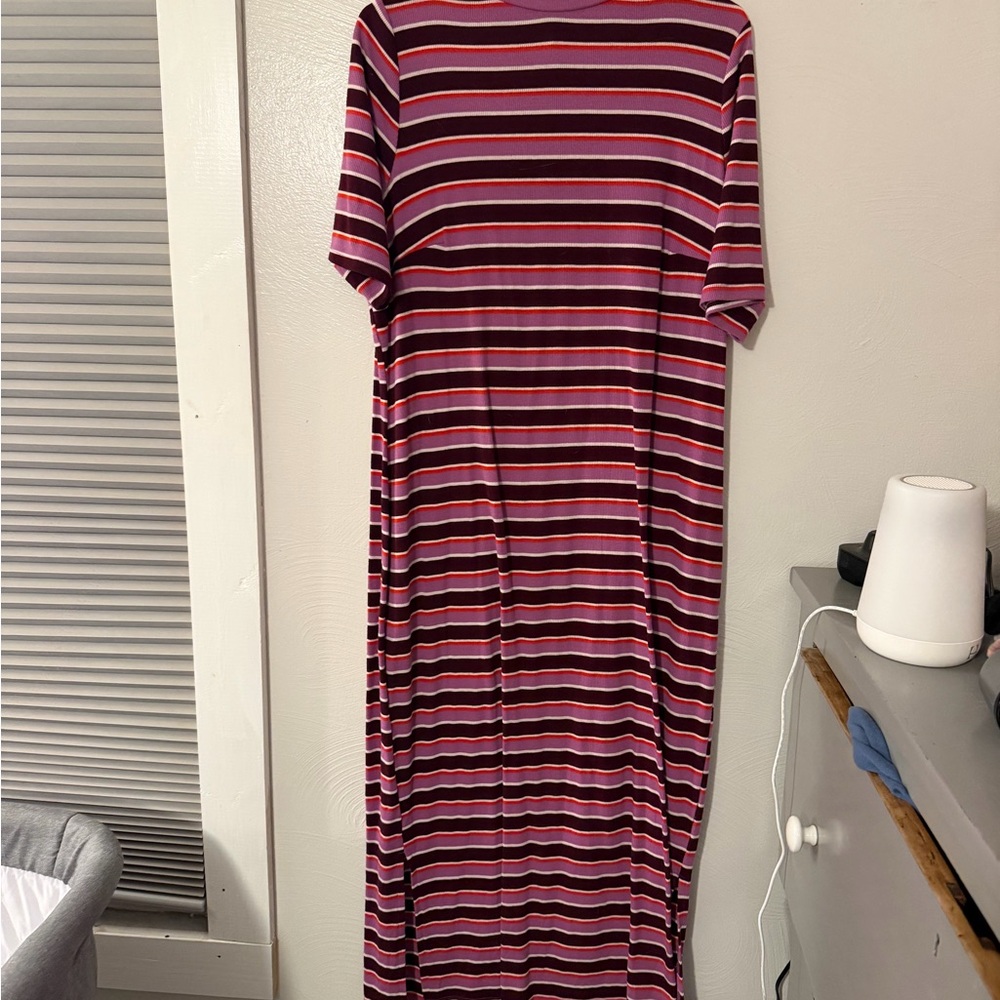 Lane Bryant Striped Short-Sleeve Maxi Dress in Burgundy and Pink